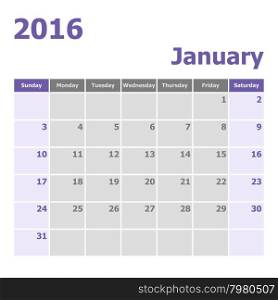 Calendar January 2016 week starts from Sunday, stock vector