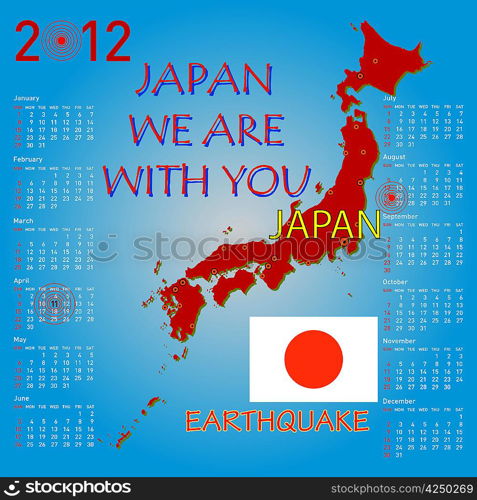 Calendar Japan map with danger on an atomic power station for 2012. Week starts on Sunday.