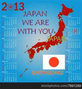 Calendar Japan map with danger on an atomic power station for 2013. Week starts on Sunday.