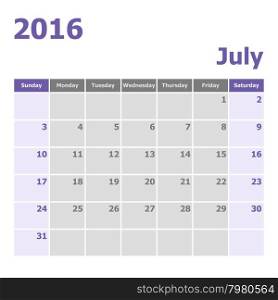 Calendar July 2016 week starts from Sunday, stock vector