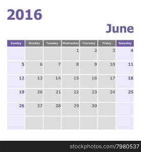 Calendar June 2016 week starts from Sunday, stock vector