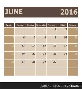 Calendar June 2016, week starts from Sunday, stock vector