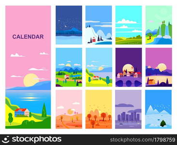 Calendar landscape natural backgrounds of four seasons. Set 12 minimalistic cartoon flat design seasons background isolated. Calendar landscape natural backgrounds of four seasons. Set 12 minimalistic cartoon flat design seasons background