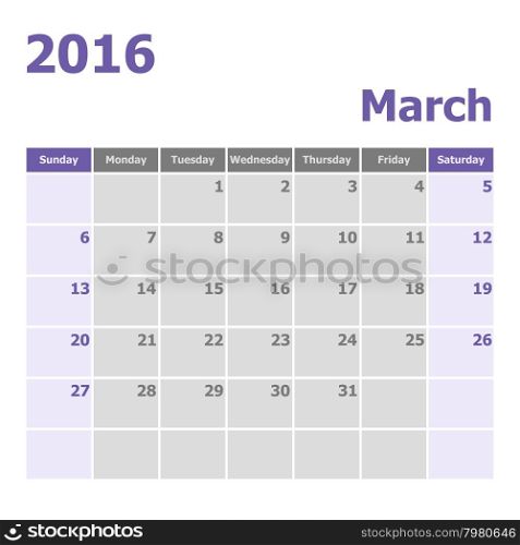 Calendar March 2016 week starts from Sunday, stock vector