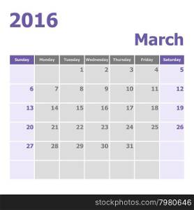 Calendar March 2016 week starts from Sunday, stock vector