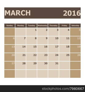 Calendar March 2016, week starts from Sunday, stock vector