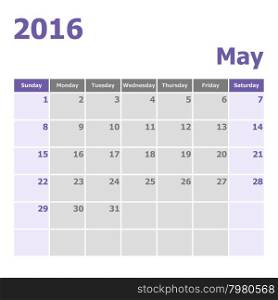 Calendar May 2016 week starts from Sunday, stock vector