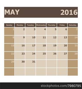 Calendar May 2016, week starts from Sunday, stock vector