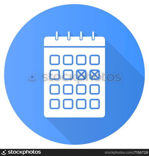 Calendar method blue flat design long shadow glyph icon. Safe sex. Menstrual cycle tracking. Monthly planning. Pregancy prevention. Planner page, schedule check. Vector silhouette illustration