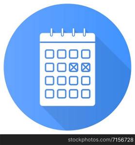 Calendar method blue flat design long shadow glyph icon. Safe sex. Menstrual cycle tracking. Monthly planning. Pregancy prevention. Planner page, schedule check. Vector silhouette illustration