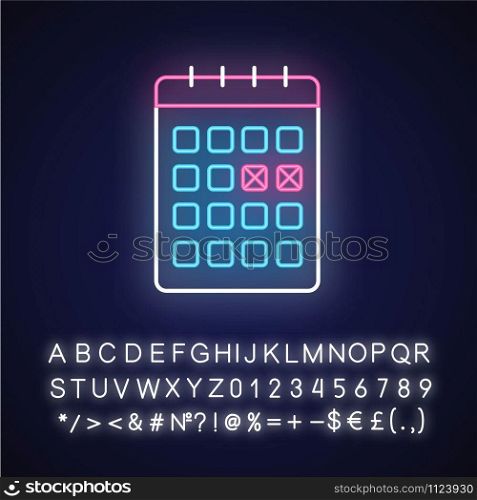 Calendar method neon light icon. Safe sex. Menstrual cycle tracking. Monthly planning. Planner page, schedule check. Glowing sign with alphabet, numbers and symbols. Vector isolated illustration