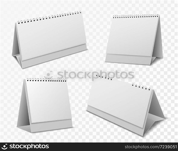 Calendar mockup. Blank organizer with spiral and white paper pages for event reminder, message, desktop office calendar realistic vector set on transparent background. Calendar mockup. Blank organizer with white paper pages for event reminder, message, desktop office calendar realistic vector set