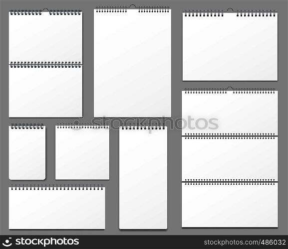 Calendar mockup. Wall calendars binded on metal spiral, hanging notes page and notebook pages. Empty calendar date mockup, memo organizer sheet. 3d realistic vector illustration isolated signs set. Calendar mockup. Wall calendars binded on metal spiral, hanging notes page and notebook pages 3d realistic vector illustration set