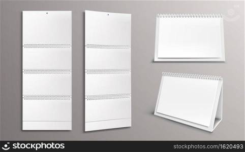 Calendar mockup with blank pages and binder. Desktop and wall paper calender front and side view. Agenda, almanac template isolated on grey background. Realistic 3d vector illustration, mock up, set. Calendar mockup with blank pages and binder, set