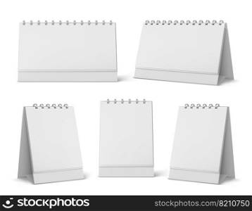 Calendar mockup with blank pages and spiral. Desktop vertical paper calender mock up front and side view isolated on white background. Agenda, almanac template. Realistic 3d vector illustration, set. Calendar mockup with blank pages and spiral set