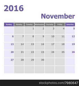Calendar November 2016 week starts from Sunday, stock vector