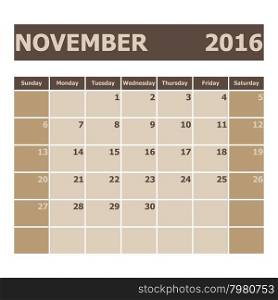 Calendar November 2016, week starts from Sunday, stock vector