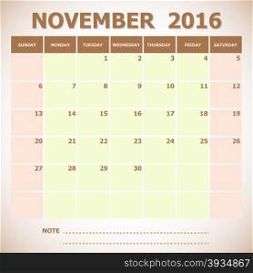 Calendar November 2016 week starts Sunday, stock vector