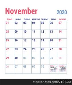 Calendar November 2020. English calender template. Vector grid. Office business planning. Simple design