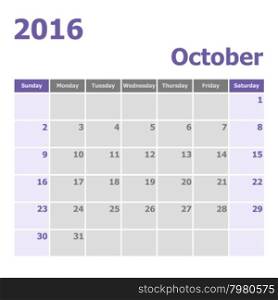 Calendar October 2016 week starts from Sunday, stock vector