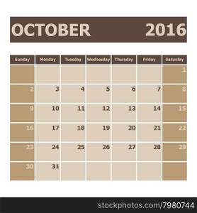 Calendar October 2016, week starts from Sunday, stock vector