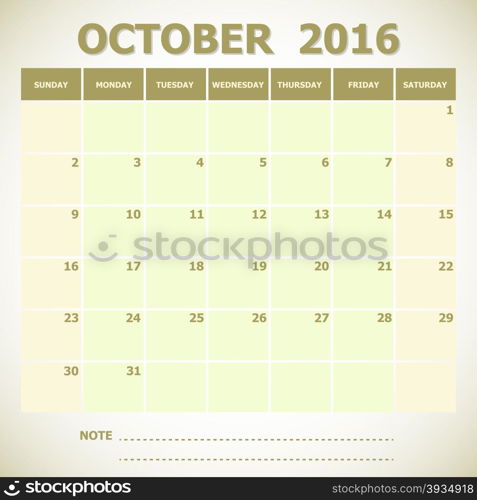 Calendar October 2016 week starts Sunday, stock vector