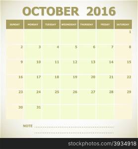 Calendar October 2016 week starts Sunday, stock vector