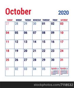 Calendar October 2020. English calender template. Vector grid. Office business planning. Simple design