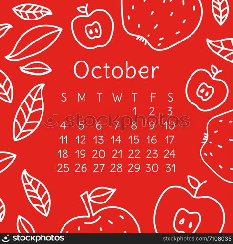 Calendar October 2020. Vector English wall calender template. Apple fruits. Hand drawn design. Doodle sketch. Sunday