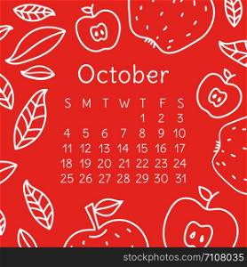 Calendar October 2020. Vector English wall calender template. Apple fruits. Hand drawn design. Doodle sketch. Sunday