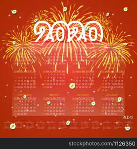 Calendar of 2020 and 2021 with firework on red background, stock vector