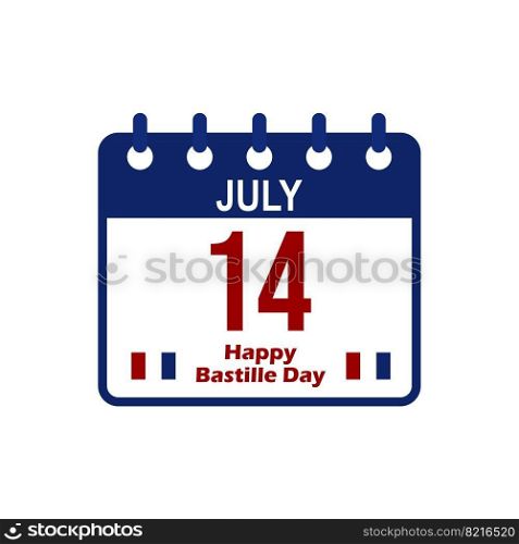 Calendar of French National Day, 14th of July. Happy Bastille day.
