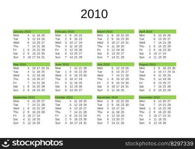 calendar of year 2010 in English language. year 2010 calendar in English