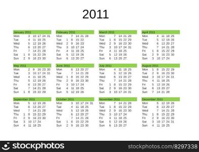 calendar of year 2011 in English language. year 2011 calendar in English