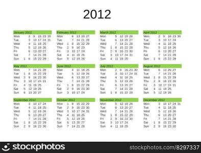 calendar of year 2012 in English language. year 2012 calendar in English