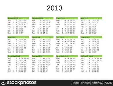 calendar of year 2013 in English language. year 2013 calendar in English