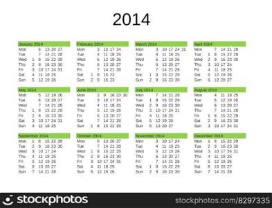 calendar of year 2014 in English language. year 2014 calendar in English