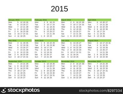 calendar of year 2015 in English language. year 2015 calendar in English