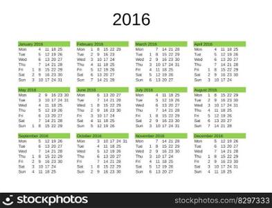 calendar of year 2016 in English language. year 2016 calendar in English