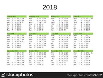 calendar of year 2018 in English language. year 2018 calendar in English
