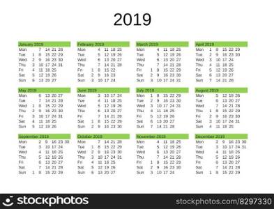 calendar of year 2019 in English language. year 2019 calendar in English