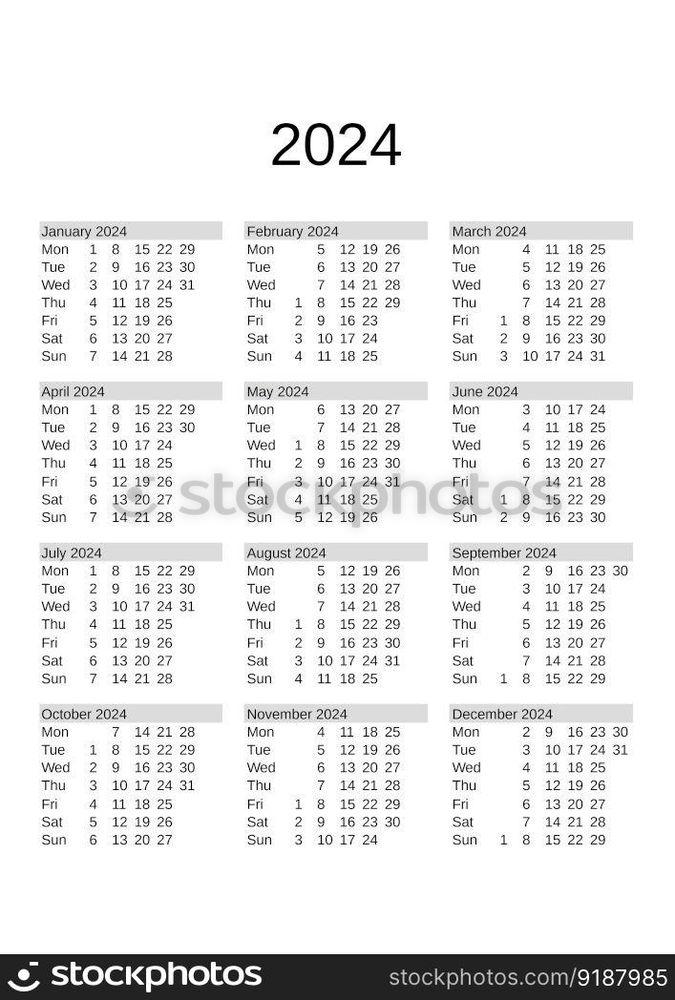 calendar of year 2024 in English language. year 2024 calendar in