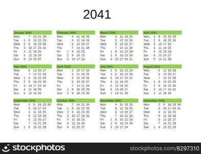 calendar of year 2041 in English language. year 2041 calendar in English