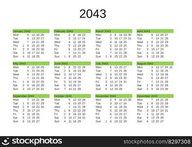 calendar of year 2043 in English language. year 2043 calendar in English