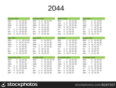 calendar of year 2044 in English language. year 2044 calendar in English