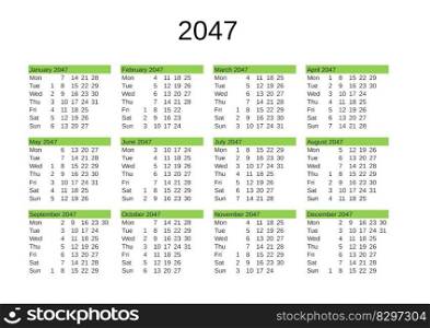 calendar of year 2047 in English language. year 2047 calendar in English