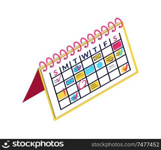Calendar on cardboard paper, business plan organizer vector. Dates, months and days, weekly memos and lists of things to do. Appointments on planner. Calendar Cardboard Paper, Business Plan Organizer