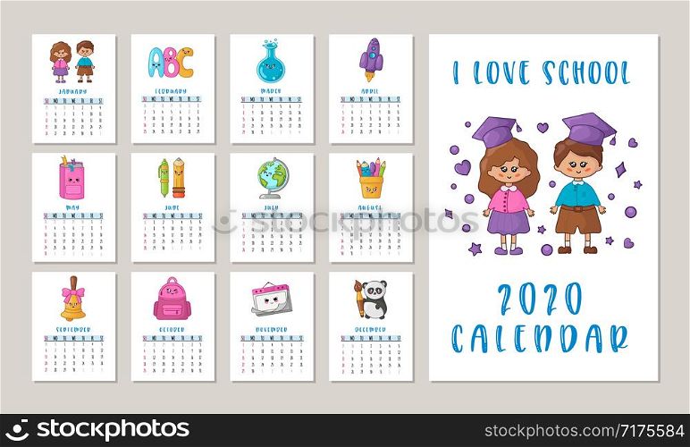Calendar or planner A4 format for 2020 with kawaii school supplies, stationery, characters - students, cute children or kids. Cover and monthly pages. Vector template. School Calendar 2020