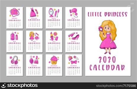 Calendar or planner A4 size for 2020 - little kawaii girl, princess, cute pink girls accessories - dress, hairdryer, jewelry, shoes, headphones, cosmetics. Cover and monthly pages. Vector template. Girls Stuff Calendar