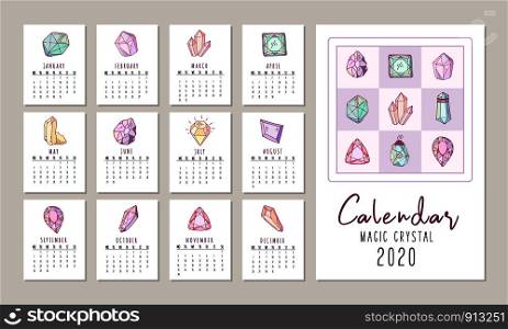 Calendar or planner for 2020 with colored geometric crystals or gems, jewelry diamonds and precious stones. Cover and monthly turns with dates. Vector template. New Crystals Set